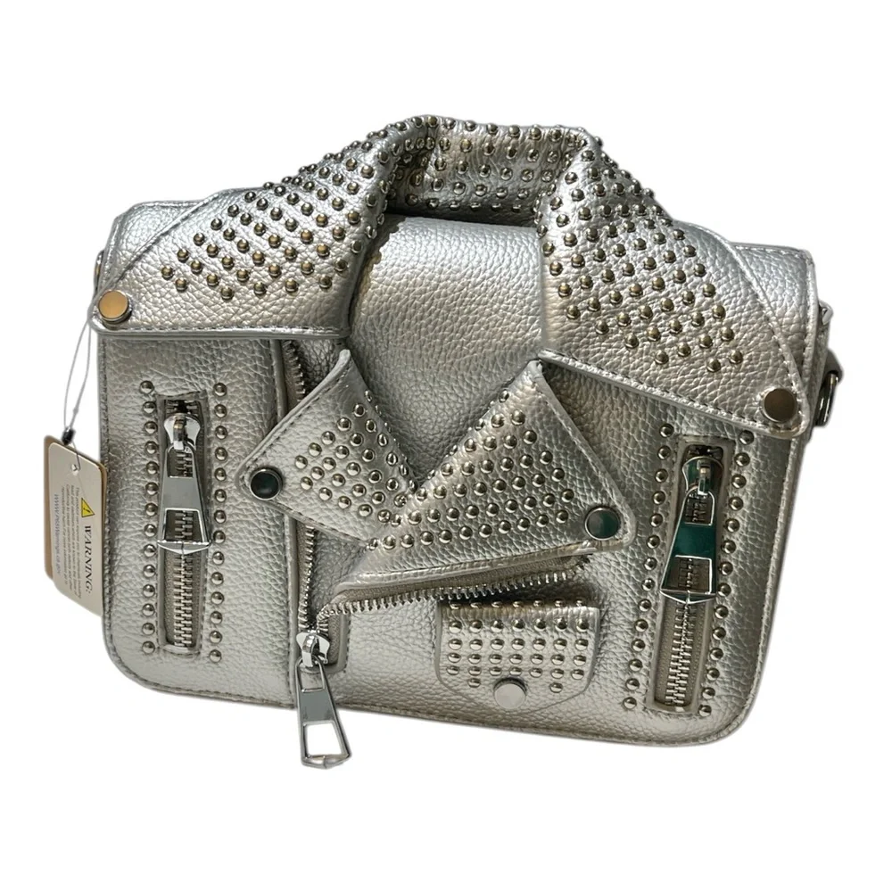 SILVER STUDDED FAUX LEATHER NOVELTY JACKET CROSSBODY BAG